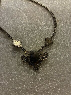 Vintage-Inspired Gold Tone Filigree Necklace with Gray Stone